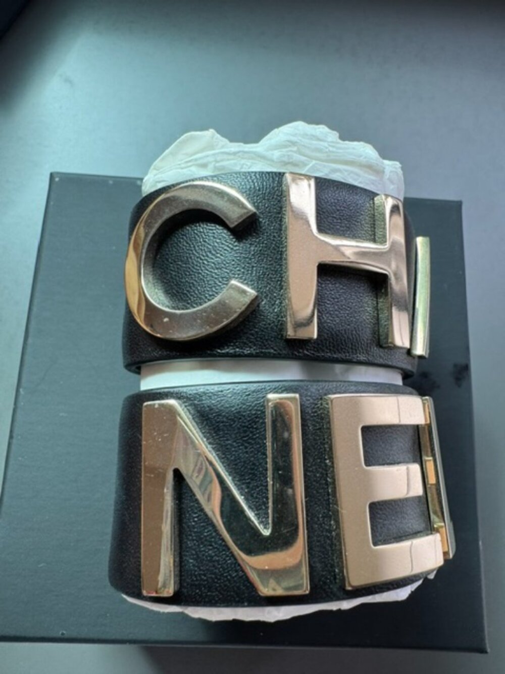 CHANEL Spring 2019 Runway Black Calfskin Leather Cuff Bracelet Set w/ box
